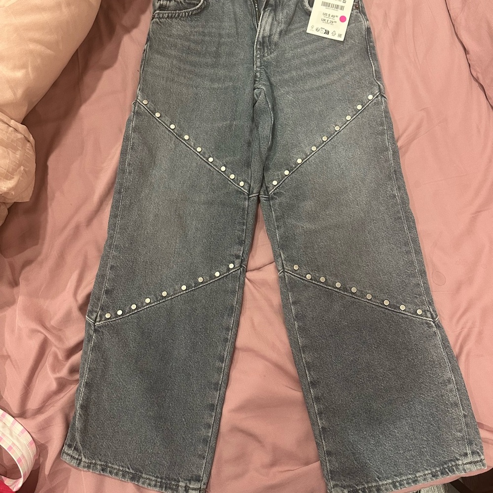 Zara Grey Studded Wide-Leg Jeans